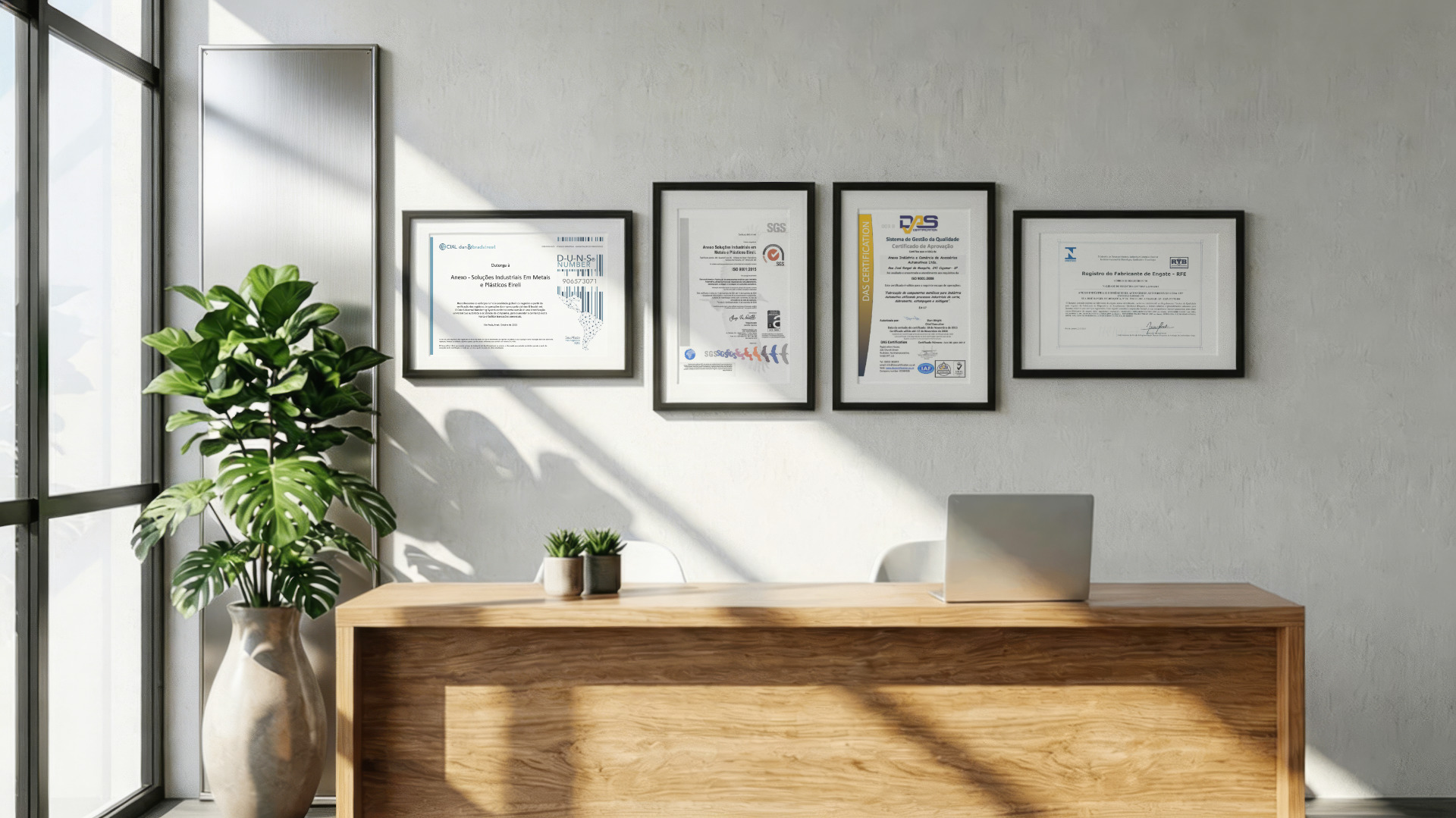 Escritório moderno e minimalista com uma mesa de madeira clara, um laptop aberto, plantas decorativas e quatro certificados emoldurados pendurados em uma parede de concreto cinza.